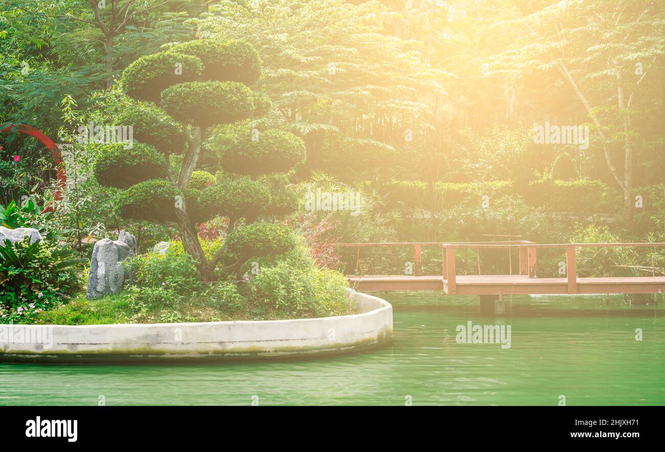 Japanischer Garten mit angepasstem warmen Licht, Teichgarten, Tageslicht, Platz für Text und Design. Landschaftsbild eines japanischen Gartens. Stockfoto
