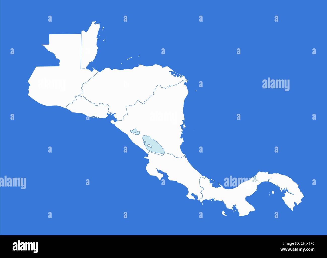 Zentralamerika-Karte, separate Staaten, blauer Hintergrund, leer Stockfoto