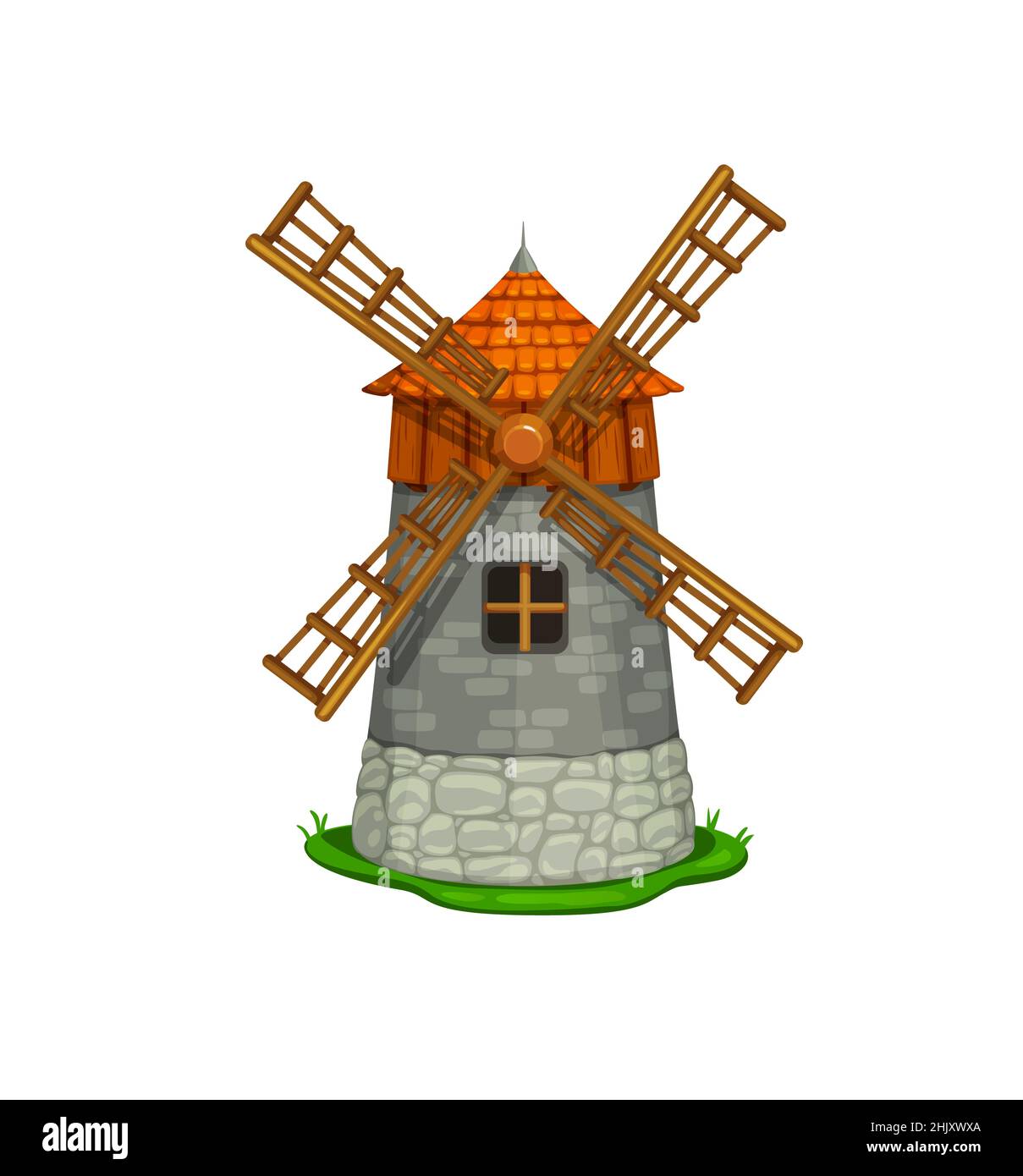 Cartoon Märchen Windmühle Gebäude. Vector antike traditionelle Windmühle zum Mehlmahlen mit Schaufeln Propeller. Mühlstein für Getreide oder Brot proces Stock Vektor