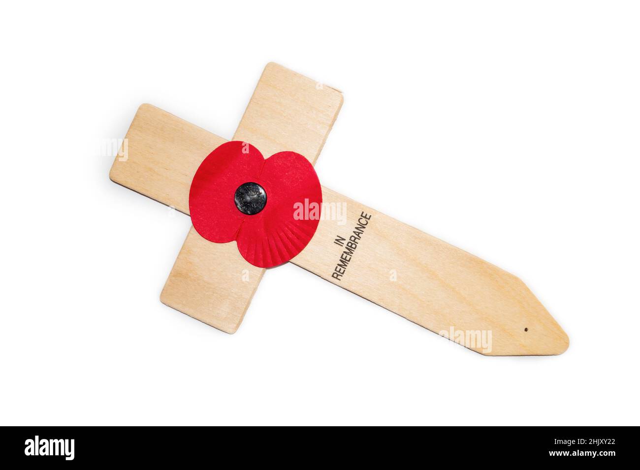 Royal British Legion Poppy auf einem Holzkreuz. In Erinnerung. Militärische Gedenkstätte des Ersten und Zweiten Weltkriegs. Stockfoto