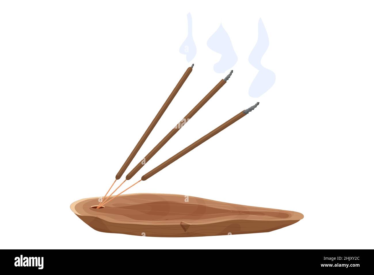 Aroma-Stick auf Holz Weihrauchbrenner mit Rauch im Cartoon-Stil isoliert auf weißem Hintergrund . Aromatherapie und Meditation, . Vektorgrafik Stock Vektor