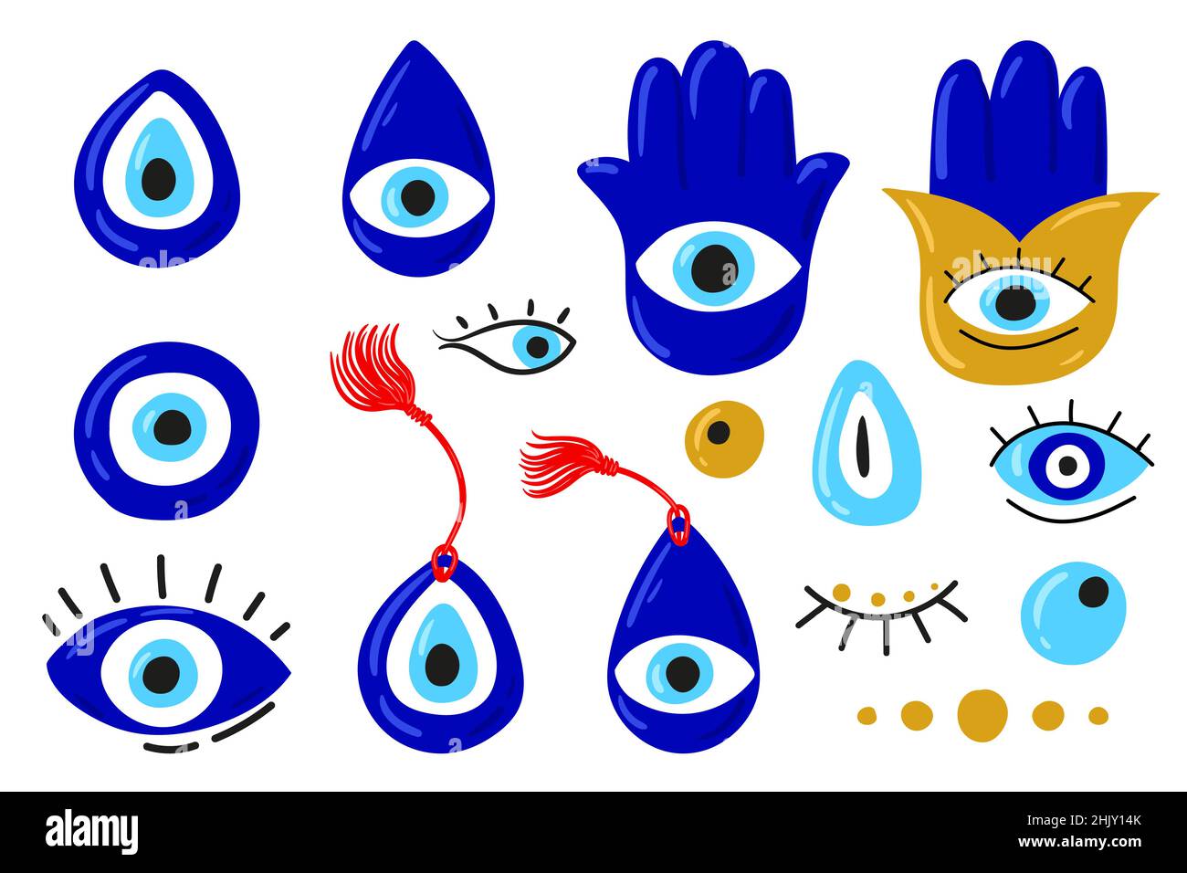 Böse Augen. Set von handgezeichneten verschiedenen Maskottchen. Böses Auge, Hamsa, Hand von Fatima, Auge der Vorsehung. Vektor-Illustrationen von Amuletten in blau. Freihand-Zeichenstil. Isoliert auf Weiß Stock Vektor