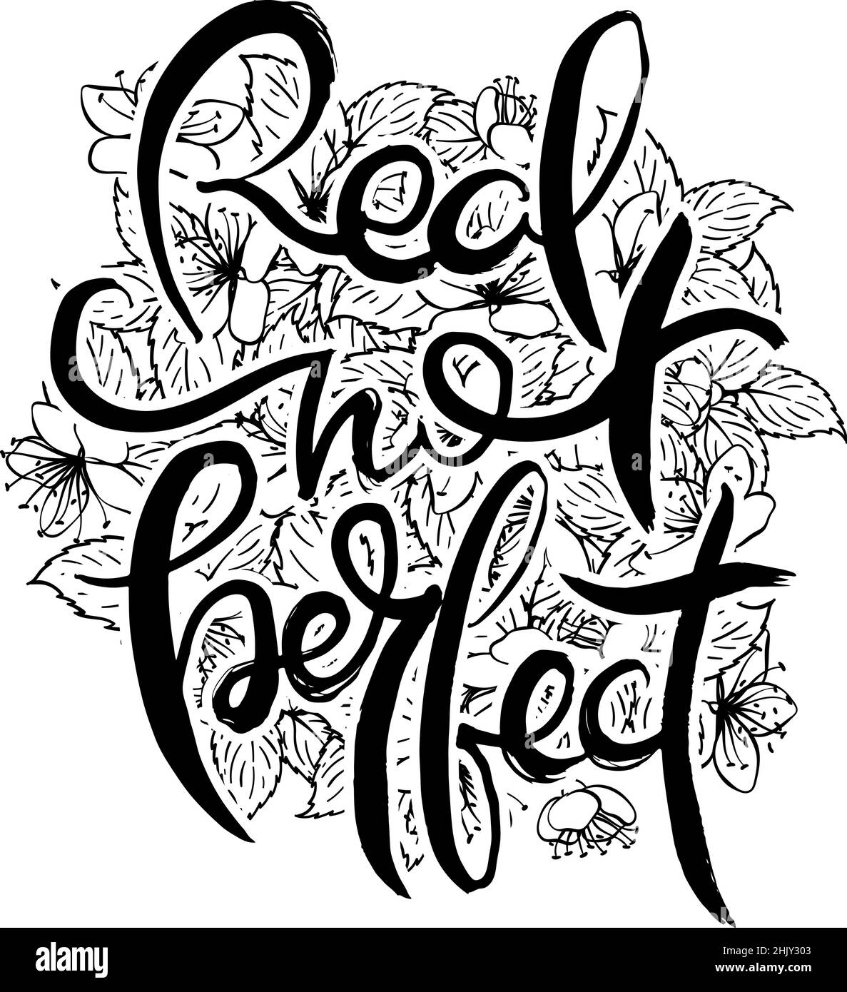 Wirklich Nicht Perfekt. Handschriftzug Grunge Karte mit Blumenhintergrund. Handgefertigte Doodle-Buchstaben im Retro-Stil. Handgezeichnete Vintage-Vektor-Typografie i Stock Vektor