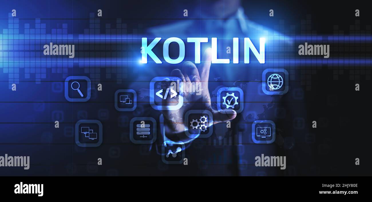 Kotlin Programmiersprache mobile Anwendung Software Entwicklung Konzept auf dem Bildschirm. Stockfoto