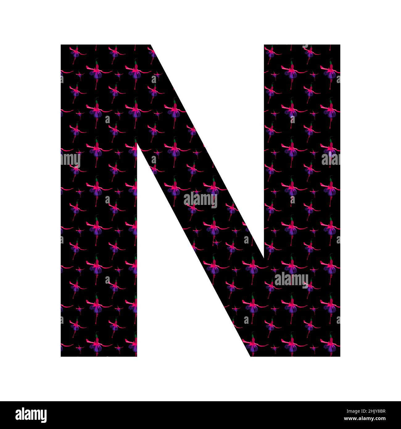 Buchstabe N des Alphabets mit einem Muster aus rosa Fuchsia-Blüten auf schwarzem Hintergrund, isoliert auf weißem Hintergrund, Vektor Stock Vektor