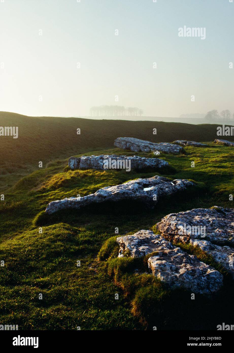 Blick NW Inside Arbor Low circle-henge, Derbyshire: Eine ovale Umgebung aus liegenden Kalksteinplatten im Graben und am Ufer eines neolithischen Henges-Denkmals. Stockfoto