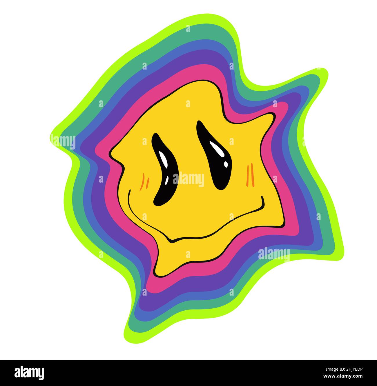 70s Retro groovig schmelzende Smiley Gesichtsillustration mit Regenbogen. Verzerrtes gelbes Gesicht. Hippie groovy Lächeln Charakter. Vektorgrafik Stock Vektor