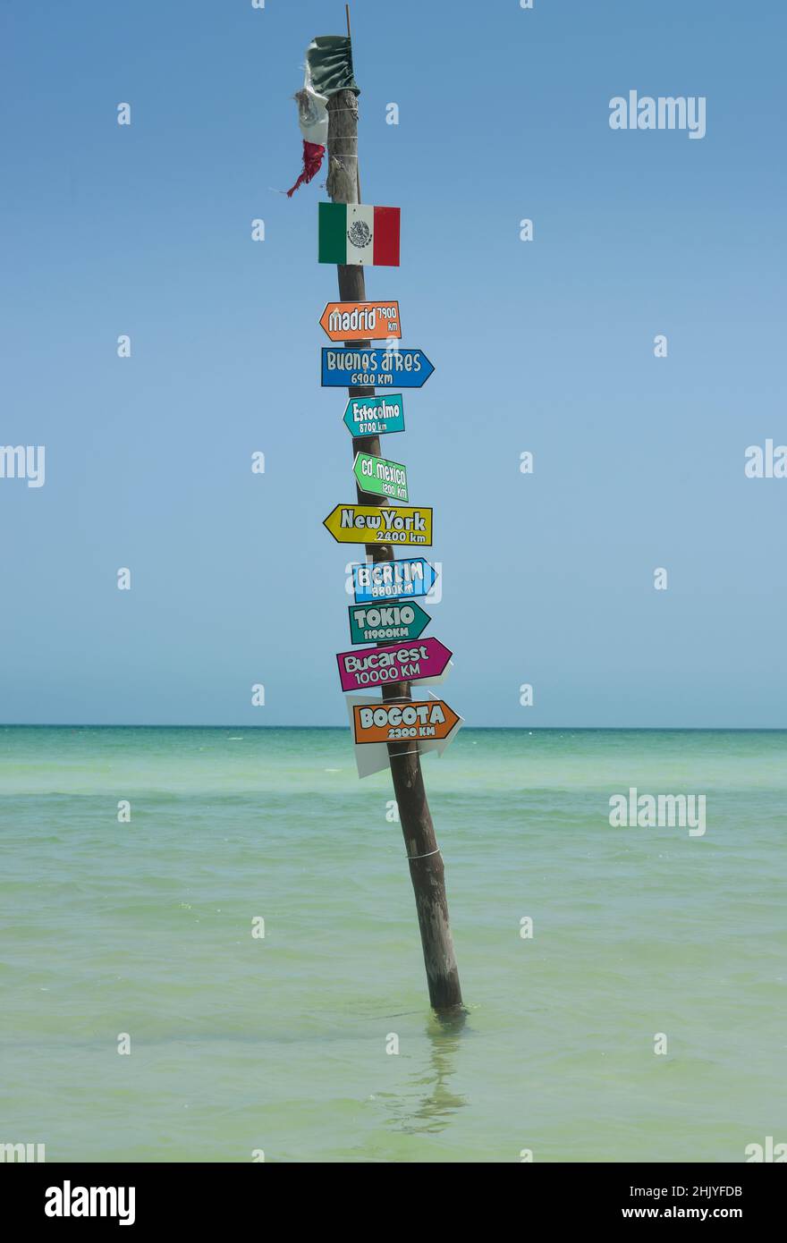 Touristischer Wegweiser, dem Strand, Meer, Isla Holbox, Quintana Roo, Mexiko Stockfoto