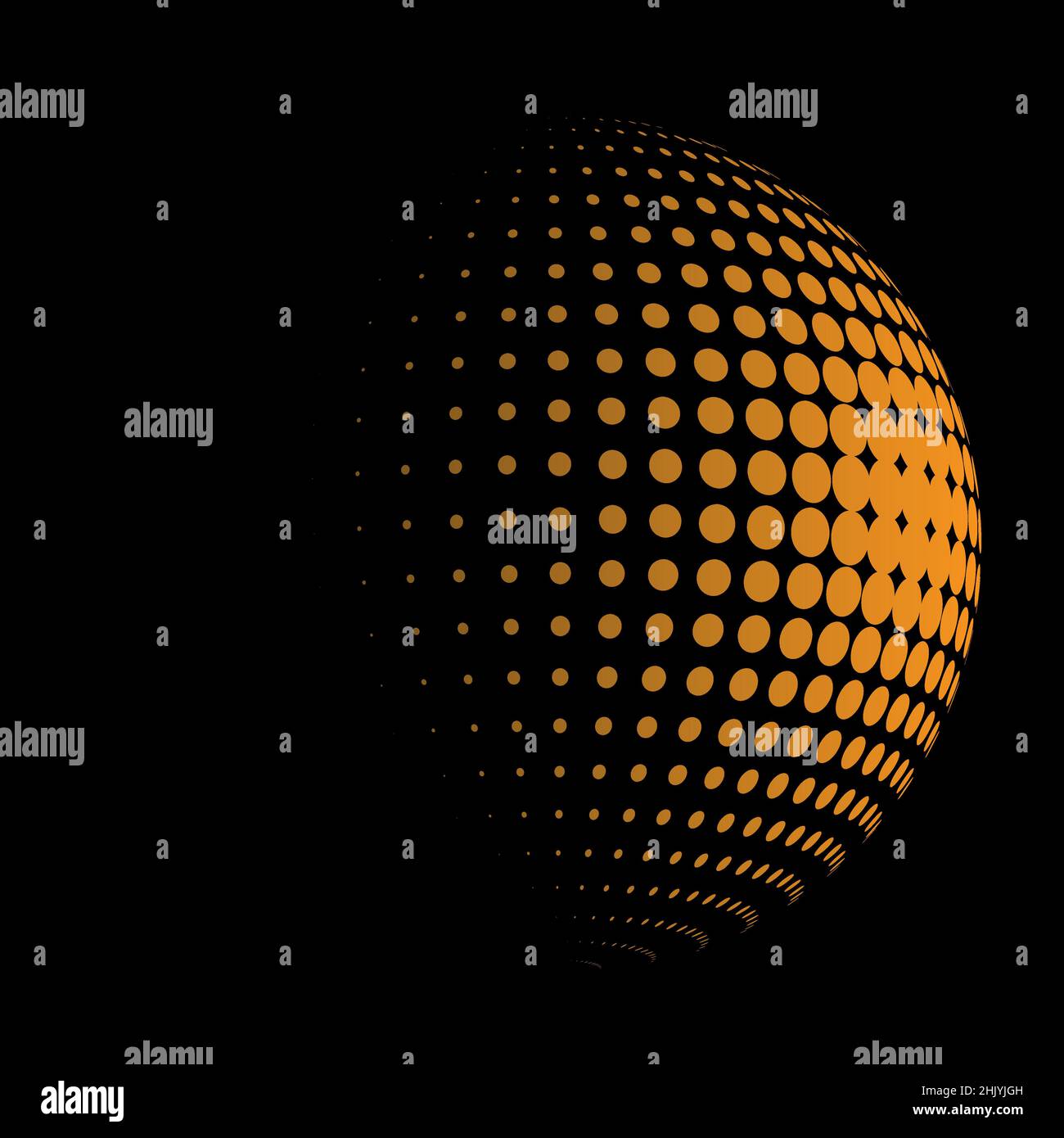 Orangefarbene Halbtonkugel auf schwarzem Hintergrund isoliert, Vektorgrafik Stock Vektor