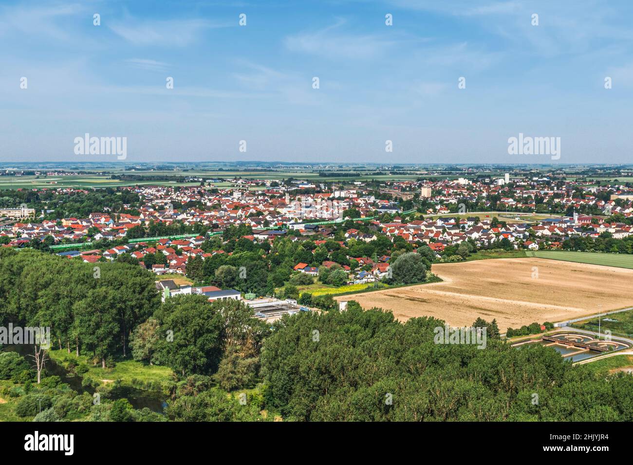 Luftaufnahme zum Isartal bei Plattling in Niederbayern Stockfoto