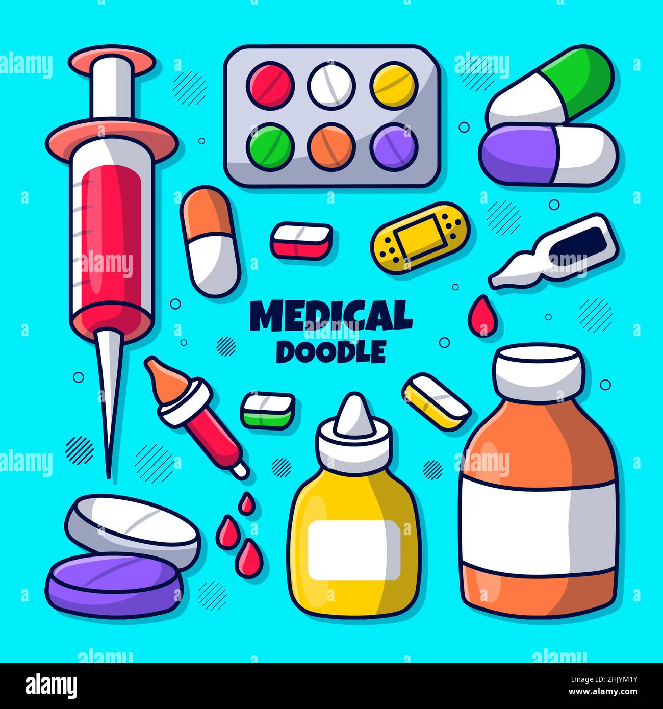 Medizinisches Element-Set mit farbiger handgezeichneter Doodle-Illustration Stock Vektor