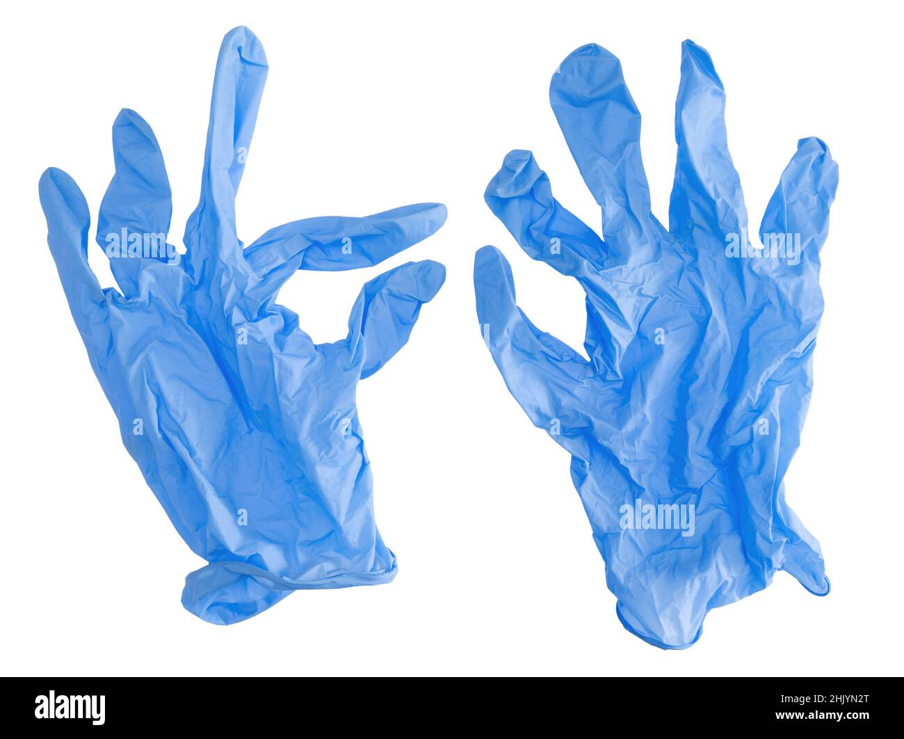 Blaue OP-Handschuhe isoliert auf weißem Hintergrund. Keine Hände. Stockfoto