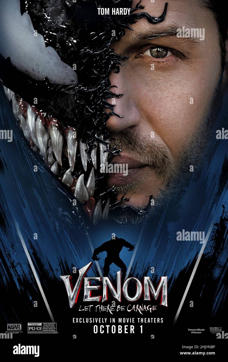 Venom: Let There Be Carnage (2021) unter der Regie von Andy Serkis mit Woody Harrelson, Tom Hardy und Michelle Williams. Venom kehrt in dieser mit Spannung erwarteten Fortsetzung zurück, um sich dem Bösewicht Carnage zu stellen. Stockfoto