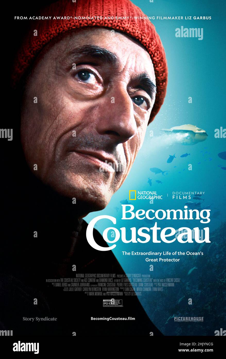 Cousteau (2021) unter der Regie von Liz Garbus und mit Vincent Cassel, Carol Burnett und Louis Malle. Dokumentarfilm über das Leben, die Leidenschaften, die Errungenschaften und Tragödien rund um den berühmten Forscher und Umweltschützer Jacques Cousteau, mit einem Archiv seiner neu restaurierten Aufnahmen. Stockfoto