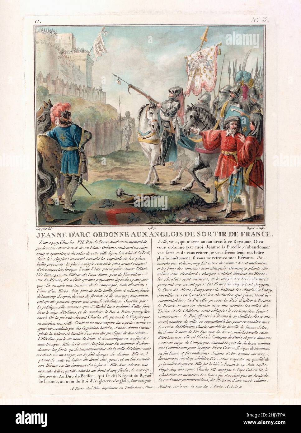 Jeanne d’Arc befiehlt den Engländern, Frankreich zu verlassen. Nach einer Illustration von Antoine Louis François Sergent in Portraits des Grands hommes, Femmes Illustres, et Sujets Mémorables de France, gravés et imprimés en couleurs. Veröffentlicht im späten 18th. Jahrhundert. Stockfoto