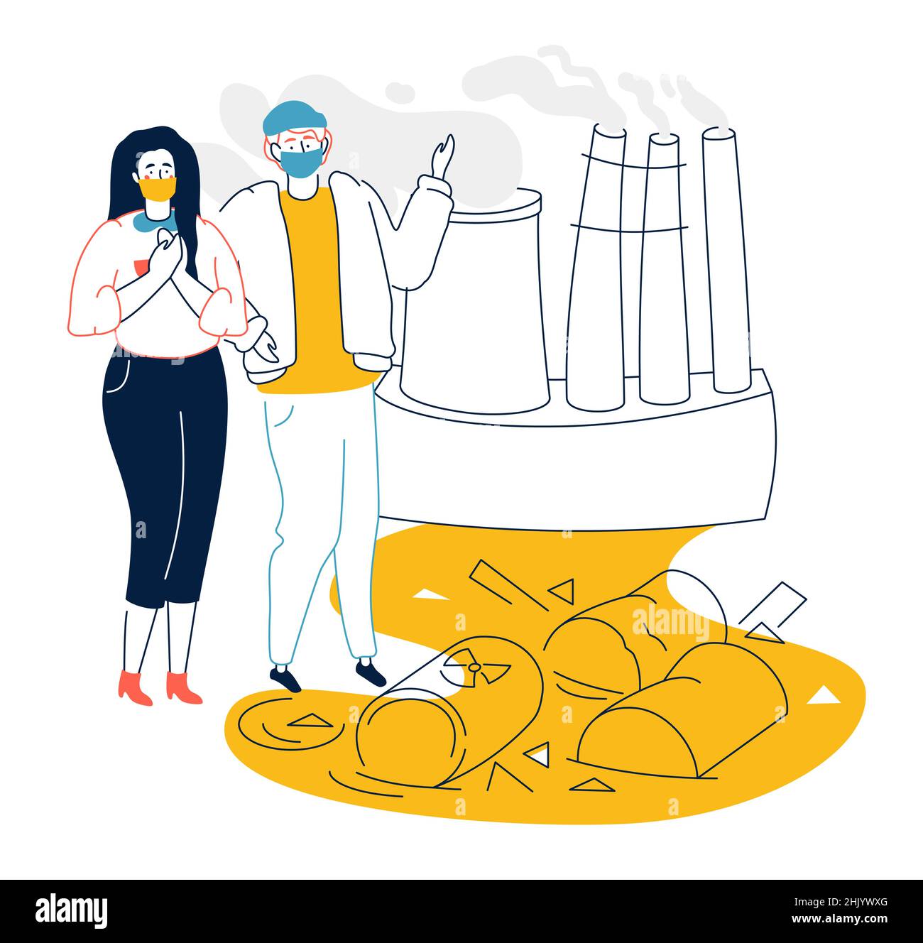 Luft- und Wasserverschmutzung - moderne flache Designdarstellung mit Linienelementen. Bunte Zusammensetzung mit Fabrik mit industriellen giftigen Abfällen und Stock Vektor