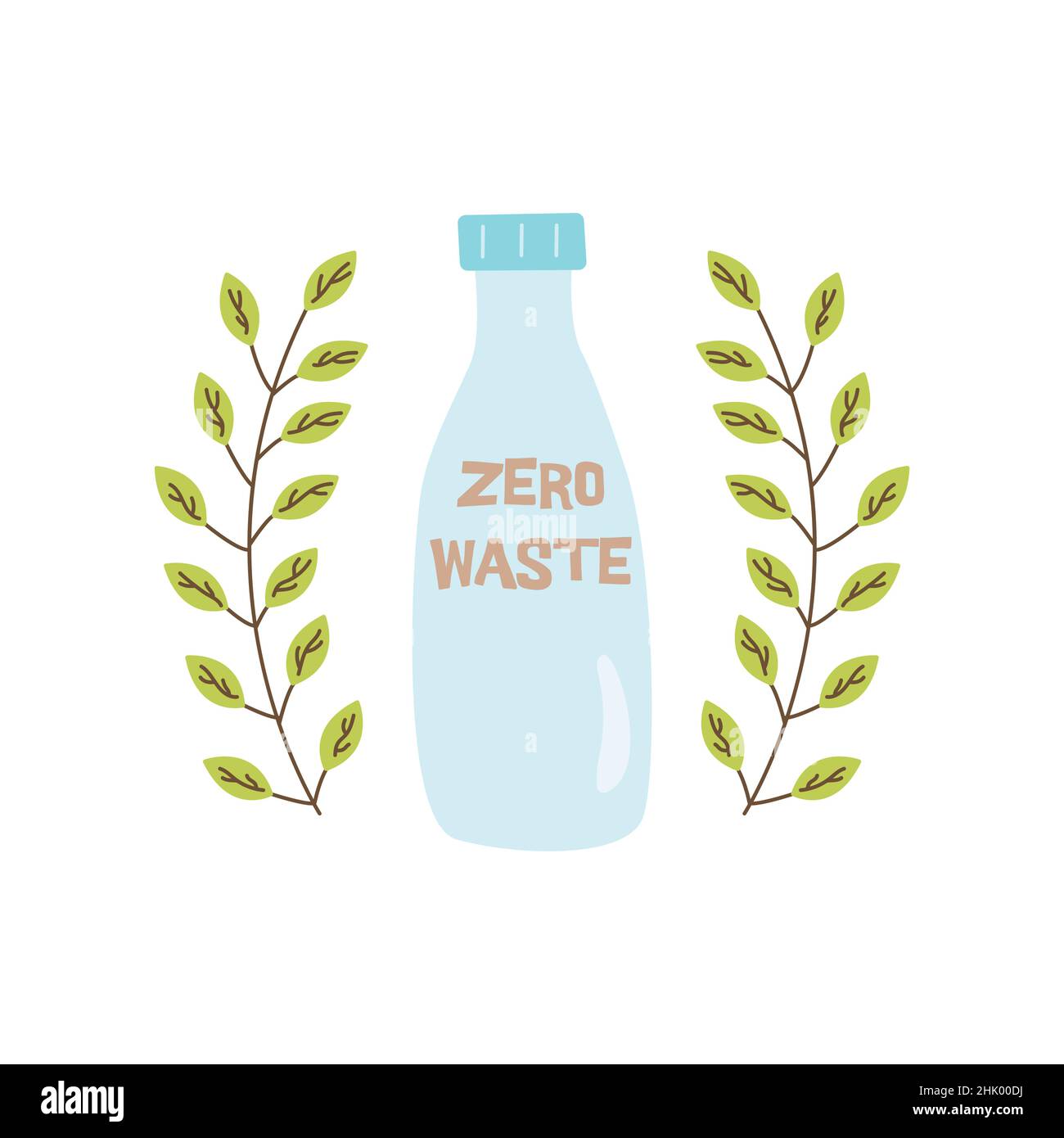 Plastikflasche mit Aufschrift Null Abfall und grünen Ästen auf der Seite. „Save Planet“-Konzept. Farbenfrohes, handgezeichnetes Vektorsymbol für isolierte Illustrationen Stock Vektor