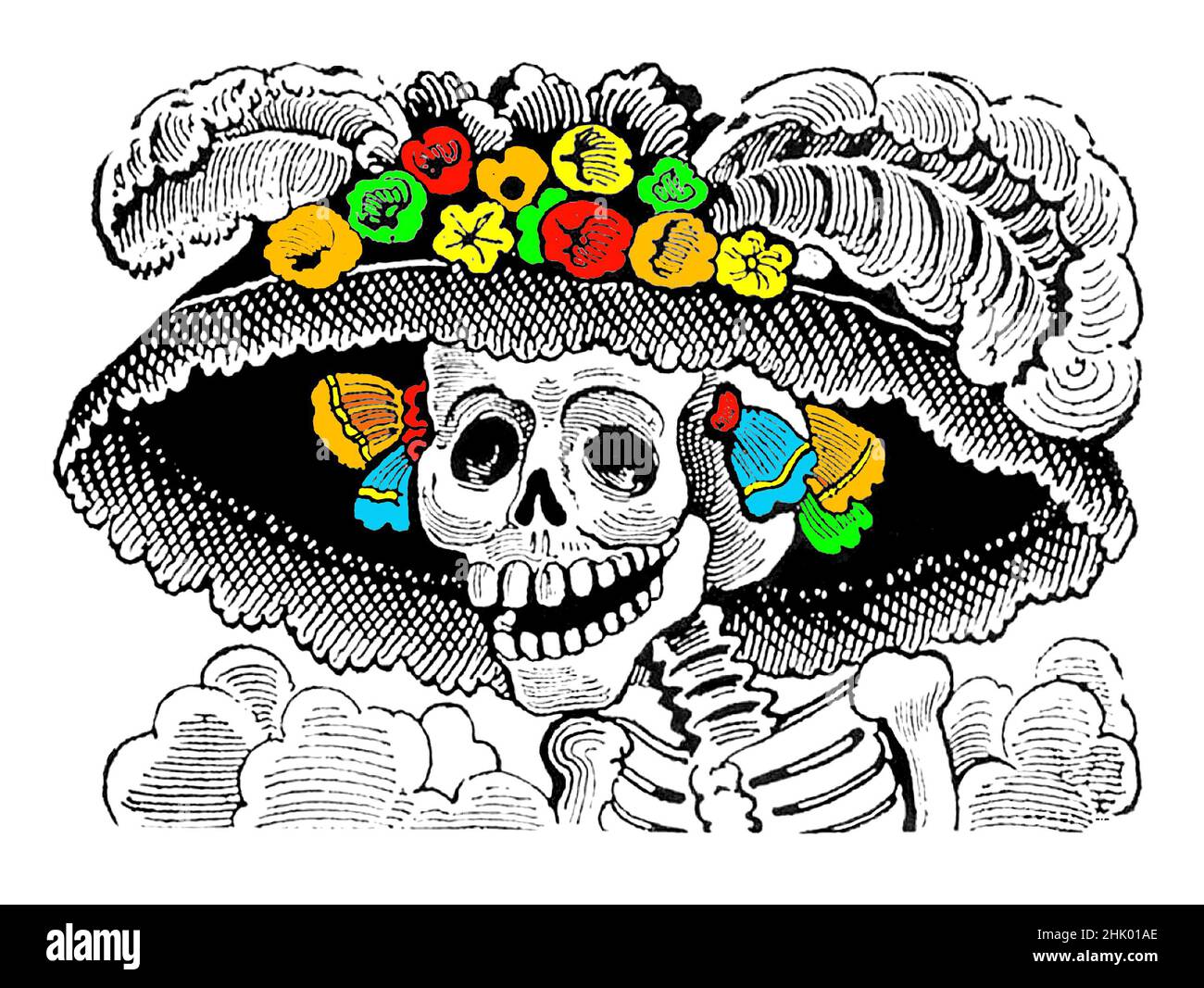 La Calavera Catrina Klassiker Tag der Toten Illustration. Farbe mit hellen mexikanischen Festa-Farben. Stockfoto