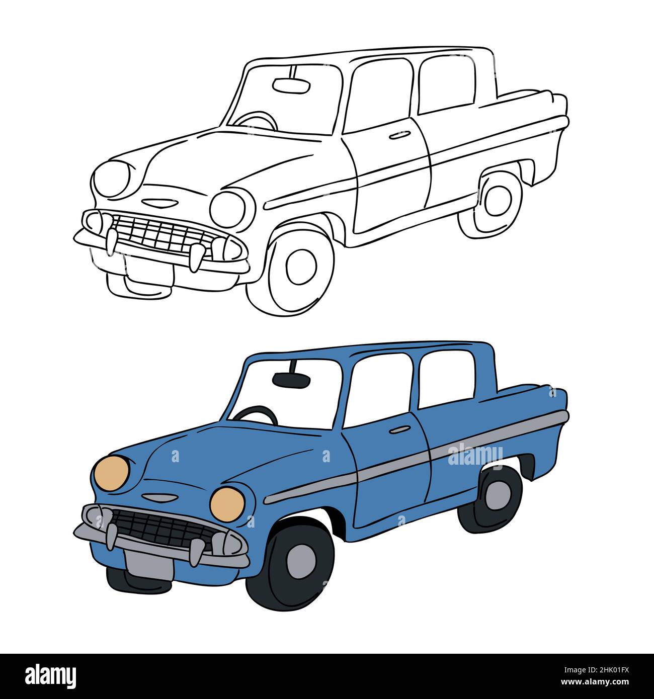 Isometrische Hand gezeichnete Ansicht der blauen klassischen Limousine alten Auto Vektor Illustration schwarzen Strich für die Färbung Kinder Zeichnung Buch. Stock Vektor