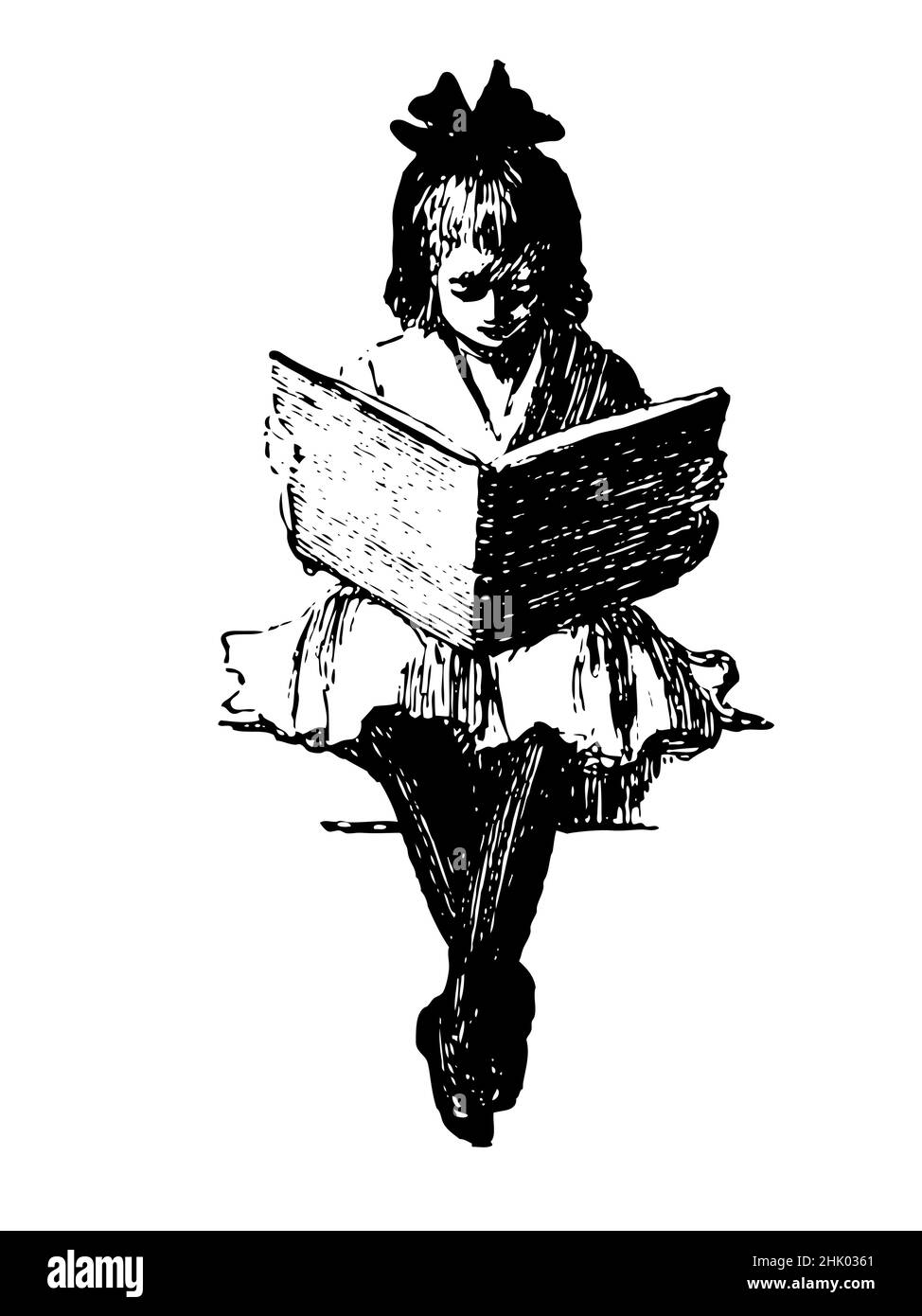 Vintage-Stil Illustration, junge Mädchen sitzen Lesung ein großes Buch. Schwarz-weiß Zeichnung Clip Art. Stock Vektor