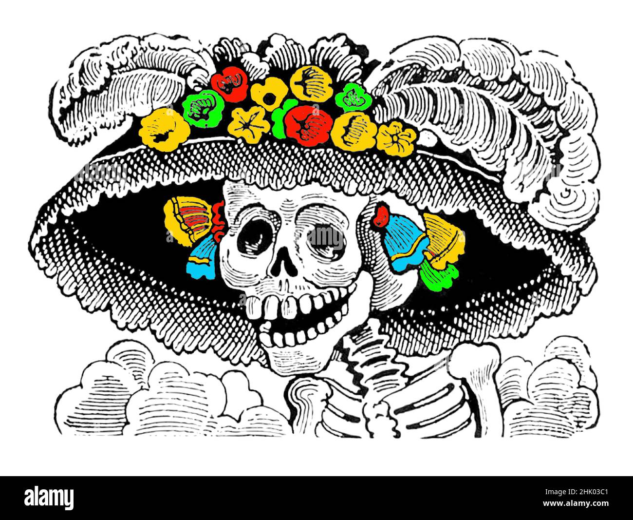 La Calavera Catrina Klassiker Tag der Toten Illustration. Farbe mit hellen mexikanischen Festa-Farben. Stock Vektor
