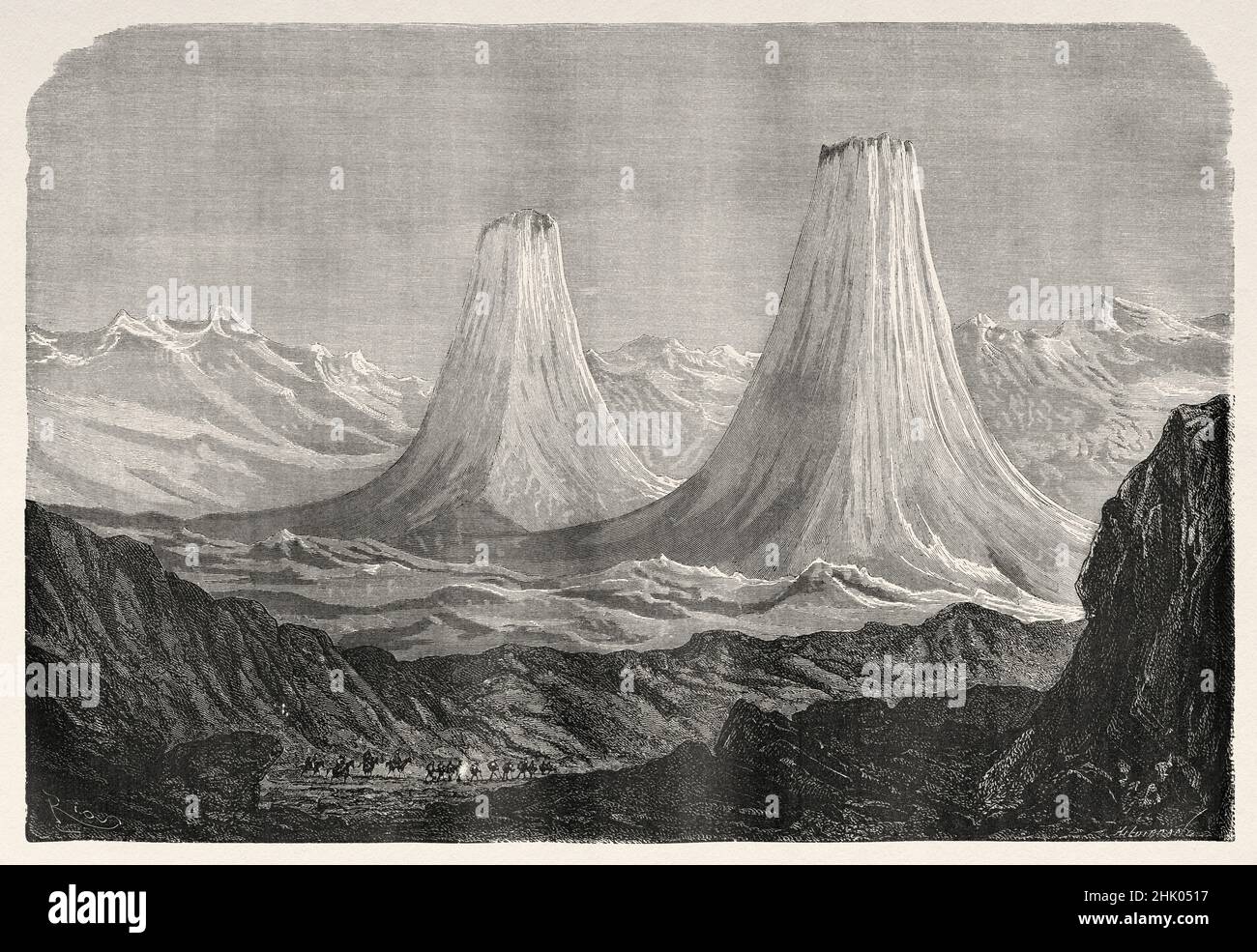 Blick auf die Ausangate- und Tayangate-Gipfel, die Vilcanota-Berge, die Anden, den Süden Perus. Südamerika. Alte, 19th. Jahrhundert gravierte Illustration von der Reise durch Südamerika von Paul Marcoy, Le Tour du Monde 1870 Stockfoto