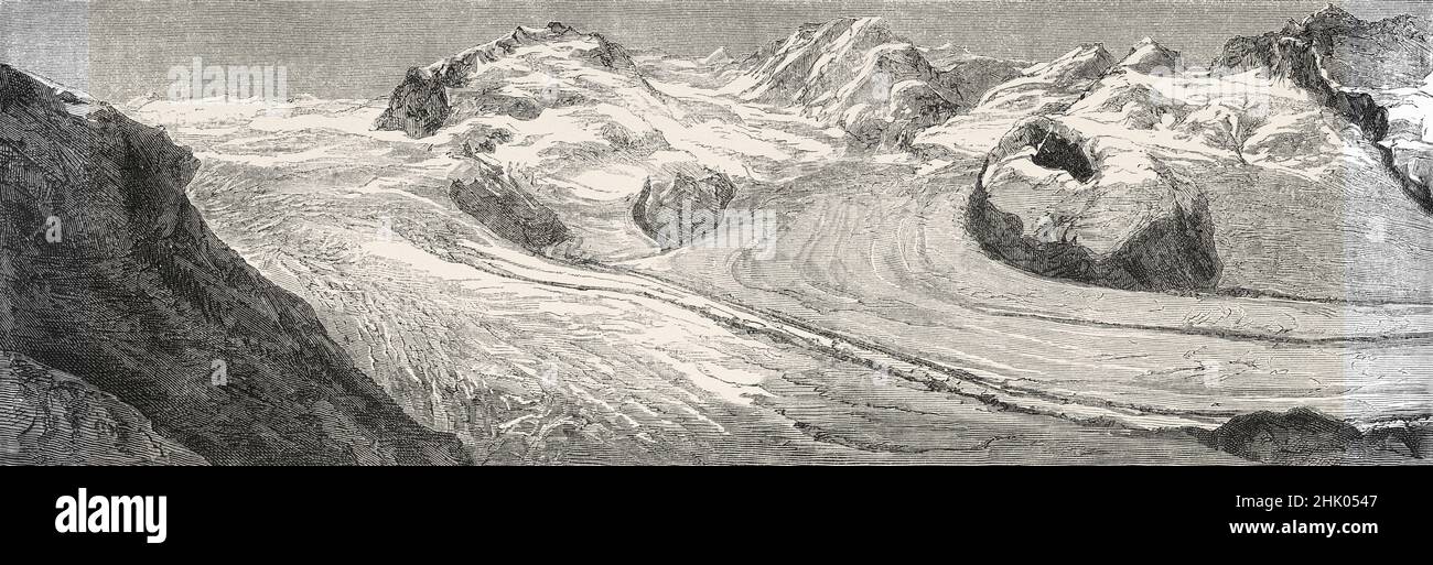 Monte Rosa und Gorner Gletscher, Schweiz. Alte 19th-Jahrhundert-Illustration von Beobachtungen auf Gletschern des Viege- und Monte-Rosa-Massivs im Jahr 1866 von Charles Grad, Le Tour du Monde 1870 Stockfoto