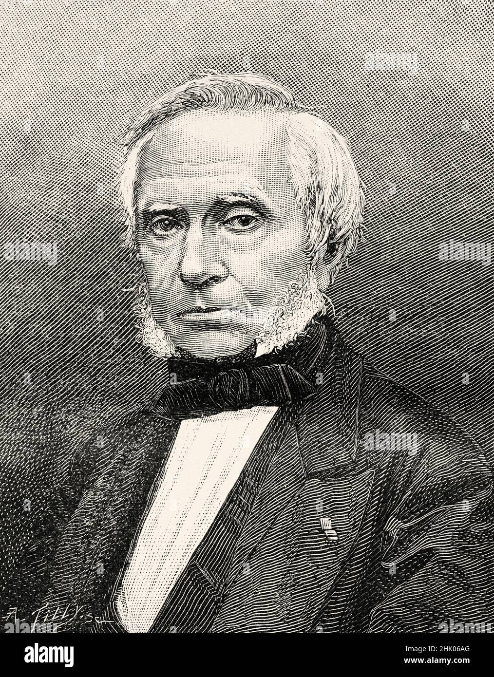 Eugène Bourdon (1808–1884) war ein französischer Uhrmacher und Ingenieur. Er ist der Erfinder des Rohrdruckmessers Bourdon, für das er 1849 ein Patent erhielt. Alte, gravierte Illustration aus dem 19th. Jahrhundert von La Nature 1884 Stockfoto