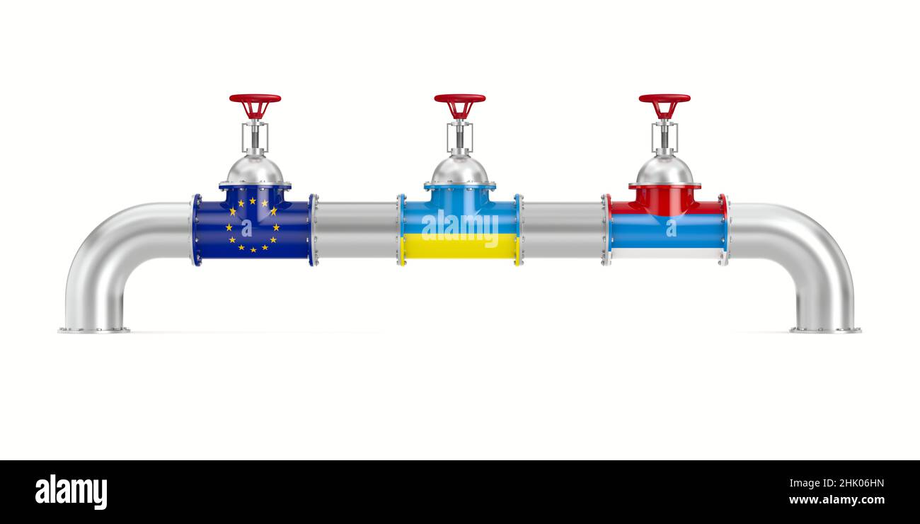 Pipeline zwischen Russland und der EG auf weißem Hintergrund. Isolierte 3D-Abbildung Stockfoto