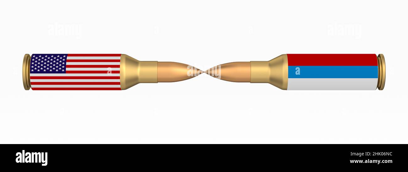 Beziehung zwischen Russland und Amerika auf weißem Hintergrund. Isolierte 3D-Abbildung Stockfoto