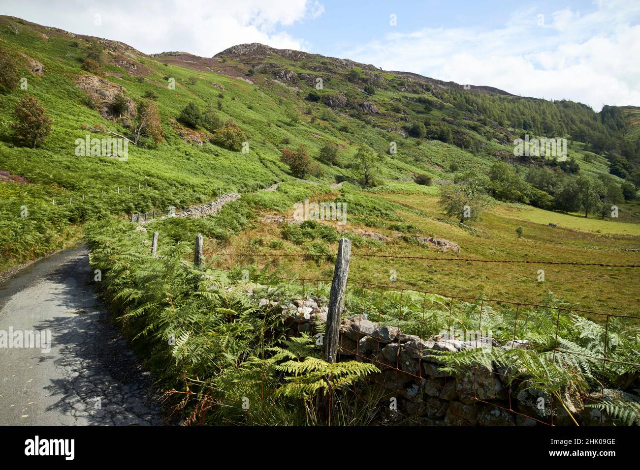 Kleine schmale kurvenreiche Straße zwischen dem großen langdale und Little langdale über einen Bergpass unter dem See-Distrikt von lingmoor Fell, cumbria, england, großbritannien Stockfoto