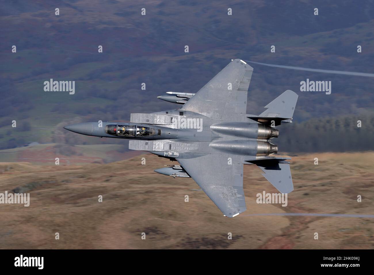 McDonnell Douglas F-15E Strike Eagle, Flugtraining in Wales, LFA7 Mach Loop Stockfoto