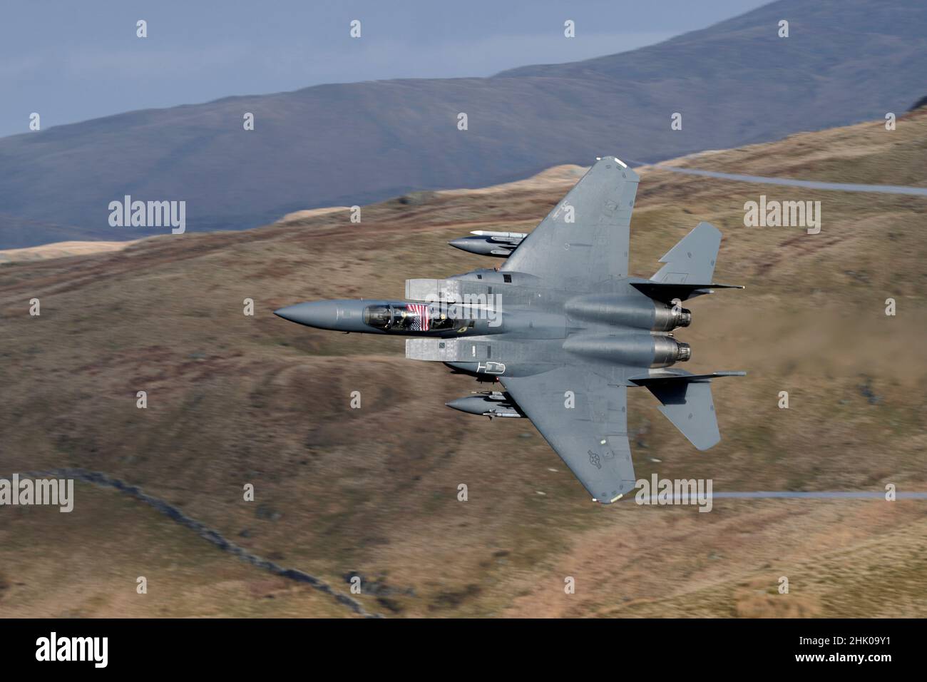 McDonnell Douglas F-15E Strike Eagle, Flugtraining in Wales, LFA7 Mach Loop Stockfoto