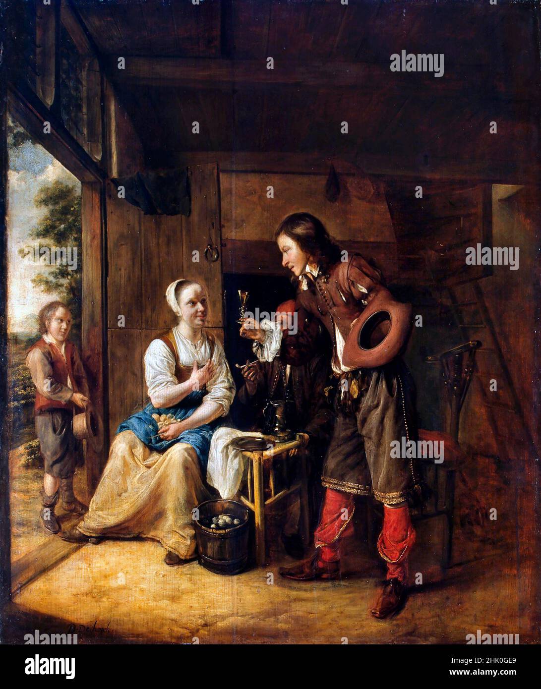 Pieter de Hooch. Gemälde mit dem Titel „Soldat, der einer Frau ein Glas Wein anbietet“ des niederländischen Malers des Goldenen Zeitalters, Pieter de Hooch (1629-1684), Öl auf Tafel, c. 1653 Stockfoto