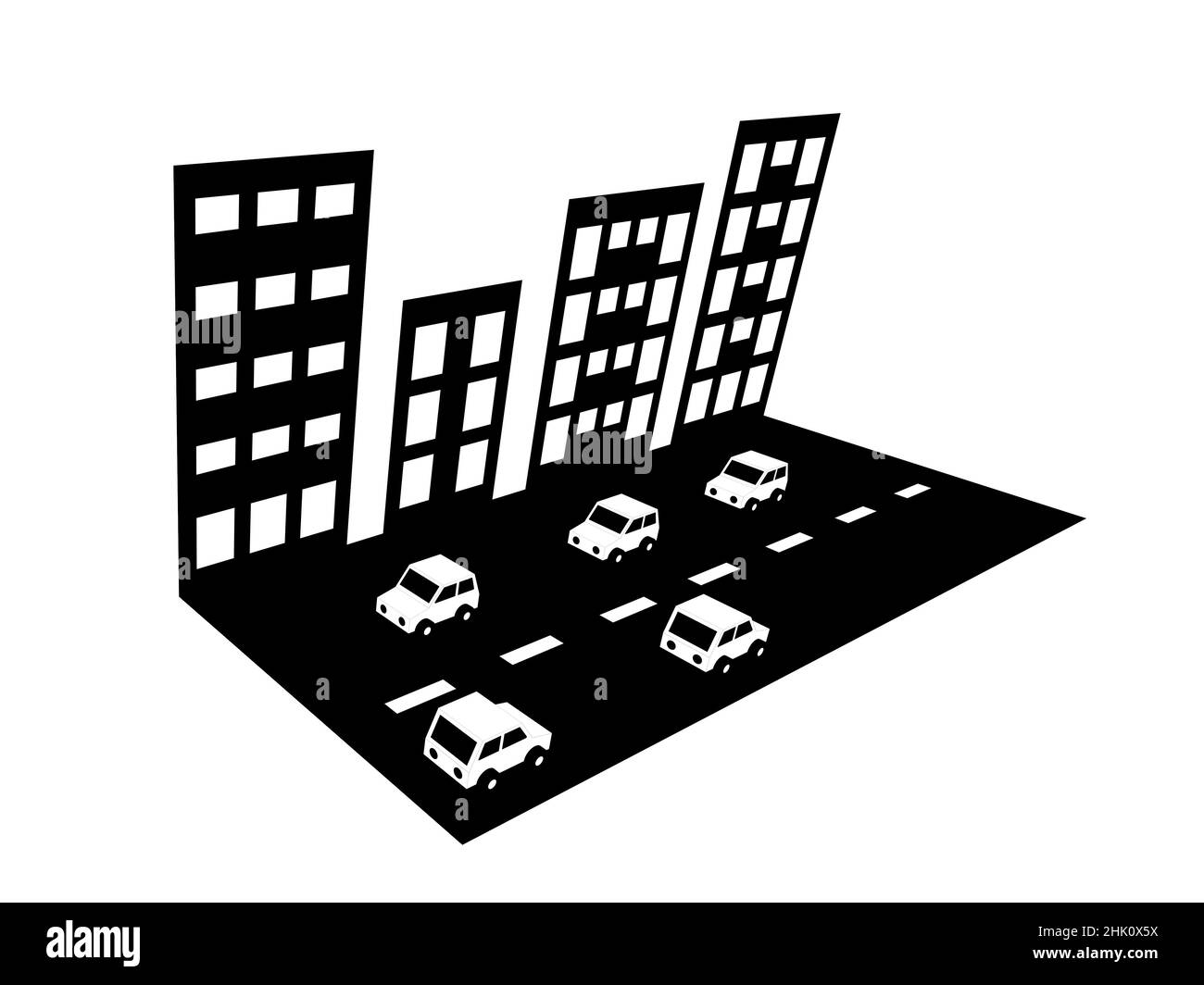 Schwarz-weiße Stadtsilhouette mit Gebäuden und Verkehr auf der Straße, 3D perspektivische Darstellung isoliert auf weißem Hintergrund Stockfoto
