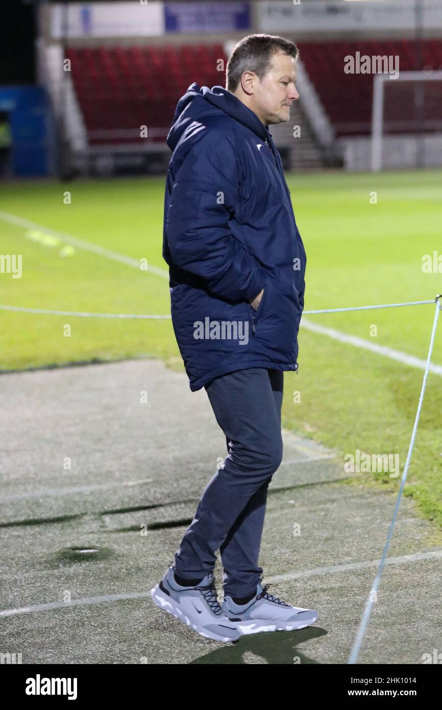 NORTHAMPTON, GROSSBRITANNIEN. FEB 1st Barrows Manager Mark Cooper vor dem Spiel der Sky Bet League 2 zwischen Northampton Town und Barrow im PTS Academy Stadium, Northampton am Dienstag, den 1st. Februar 2022. (Kredit: John Cripps | MI Nachrichten) Kredit: MI Nachrichten & Sport /Alamy Live Nachrichten Stockfoto