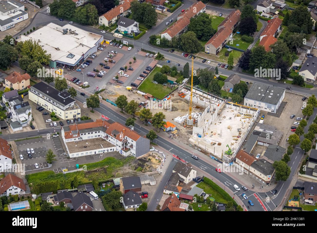 Luftaufnahme, Baustelle und Neubau Aldi Supermarkt Kamener Straße, Rewe