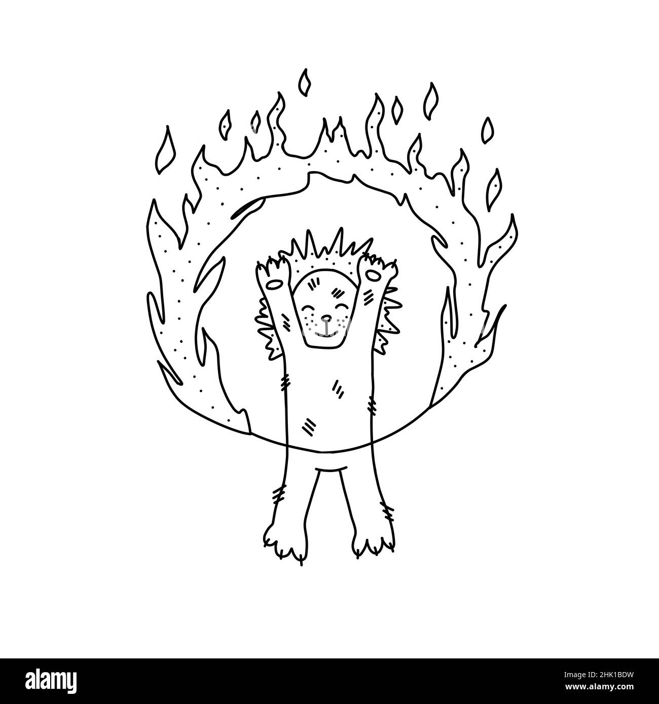 Handgezeichnete Vektordarstellung des Tigers, der durch den Feuerring springt. Niedliche Illustration eines Zirkus-Tigers im Doodle-Stil Stock Vektor