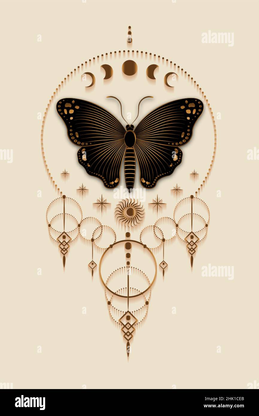 Mondphasen und schwarze Schmetterling Logo Vorlage, Heilige Geometrie, Boho-Stil, Gold magische Ikone, Traumfänger Symbol, goldener Hipster-Talisman, Mystic Stock Vektor