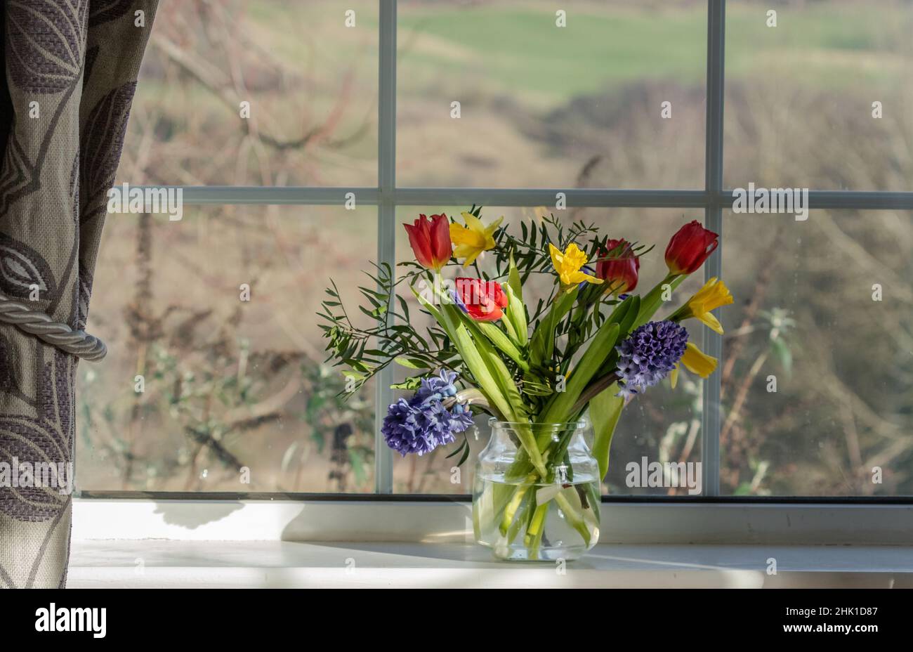 Eine Vase mit Frühlingsblumen auf einer Fensterbank. Stockfoto