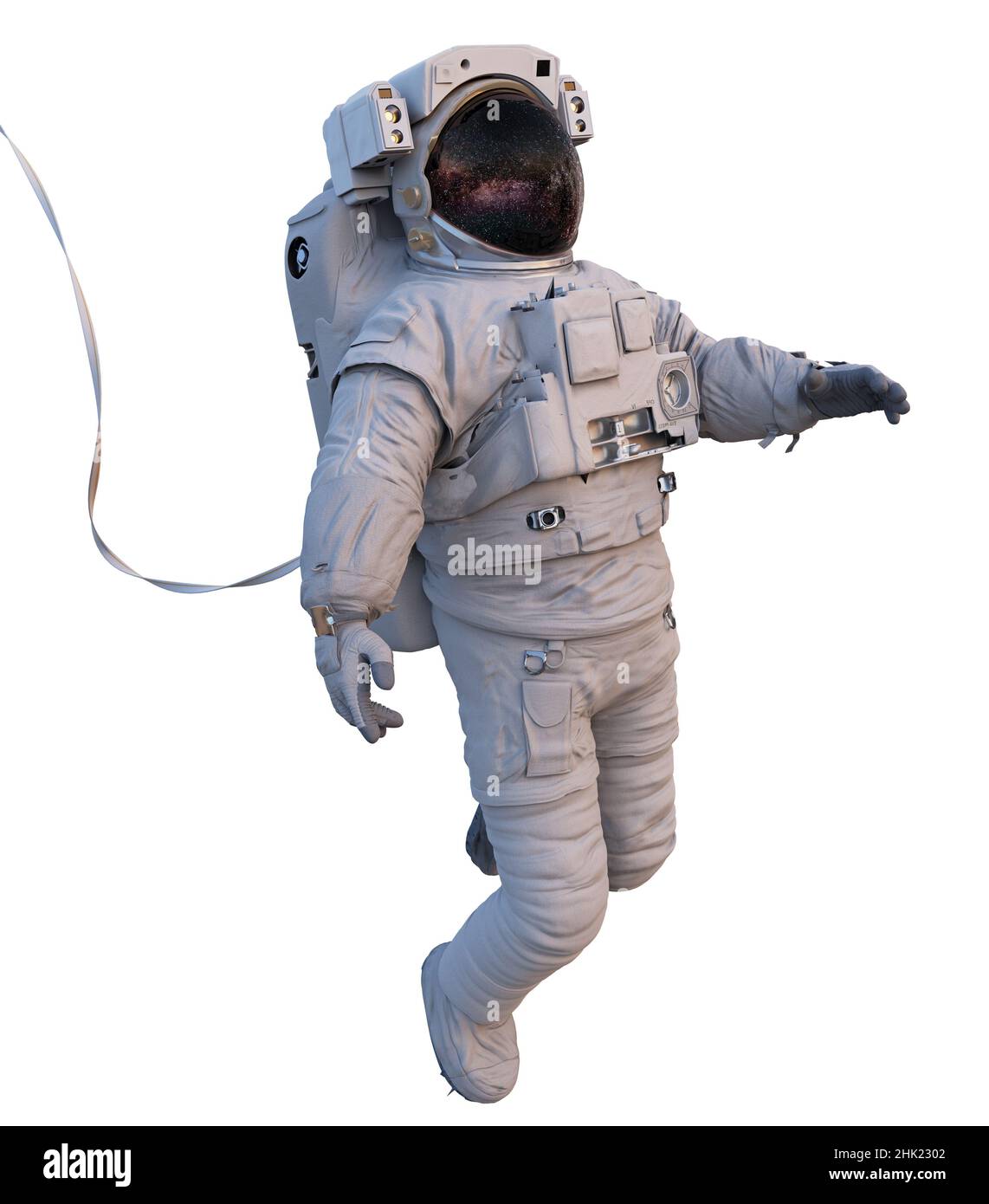 astronaut mit Sicherheitskabel im Weltraum, isoliert auf weißem Hintergrund Stockfoto