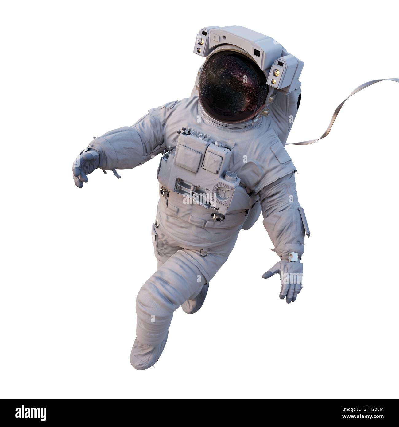 astronaut mit Sicherheitskabel, das im Weltraum fliegt, isoliert auf weißem Hintergrund Stockfoto