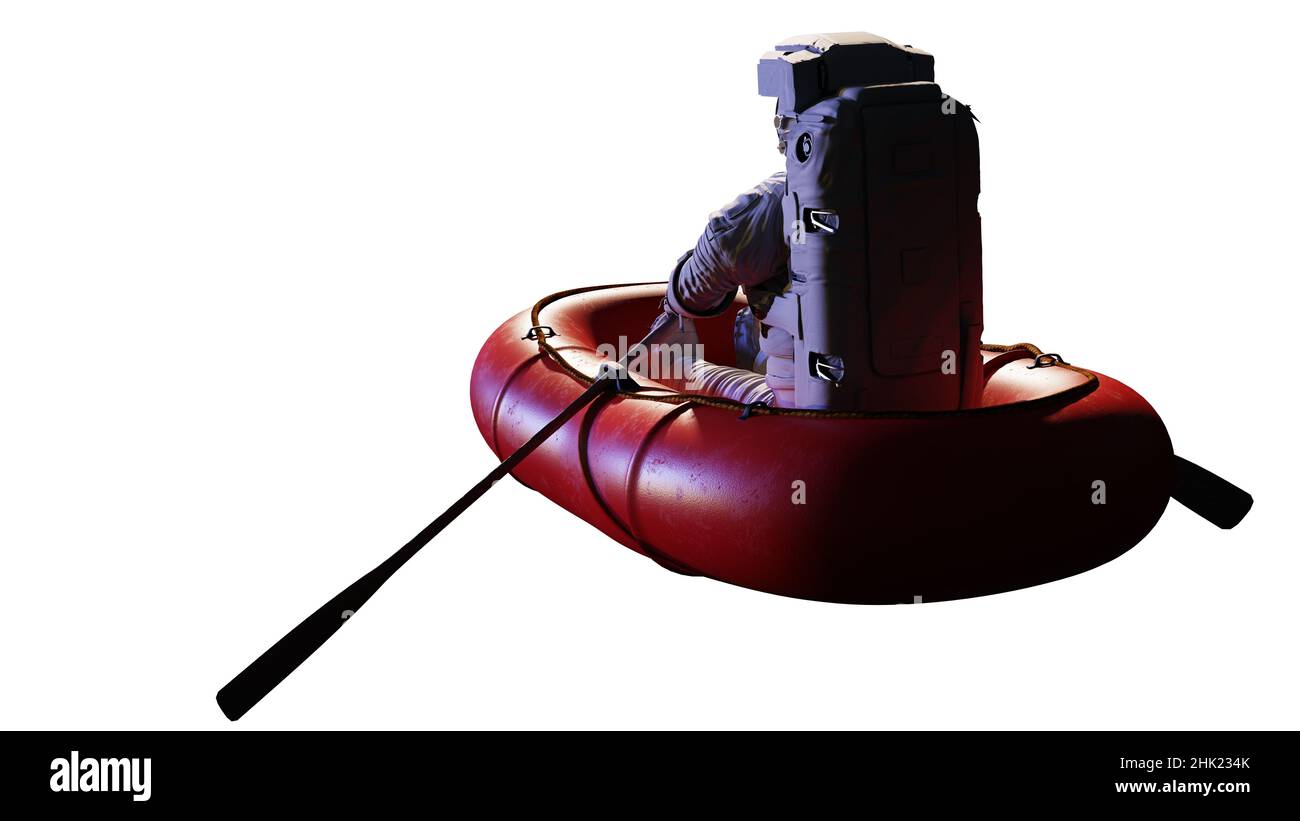 astronaut im roten Schlauchboot, isoliert auf weißem Hintergrund Stockfoto