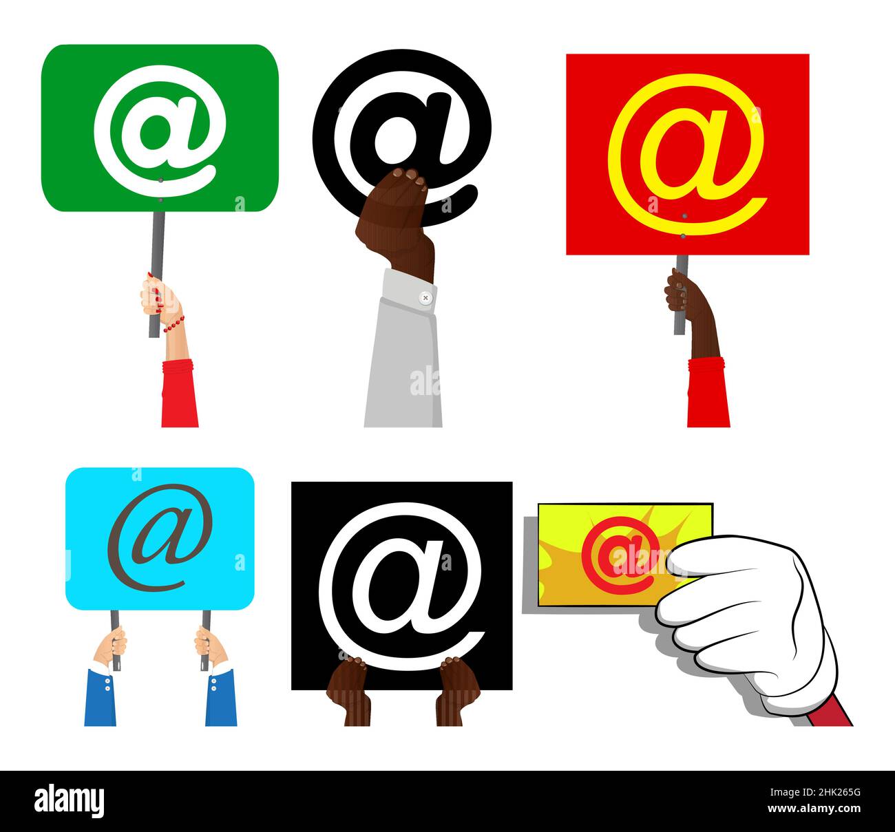 Hand hält ein Banner mit AT-Zeichen, E-Mail, Mail Internet-Symbol. Mann ...