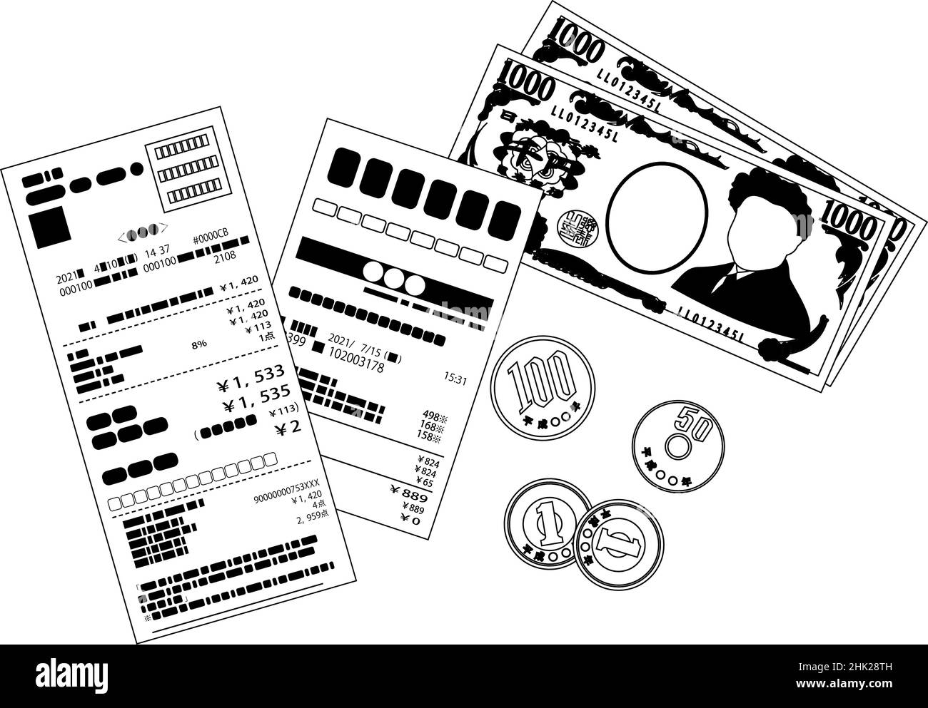 Dies ist eine Illustration der japanischen Yen-Scheine und japanischen Yen-Münzen und Einkaufsbeleg Stock Vektor