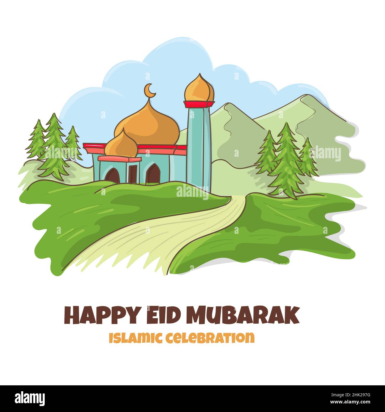 Eid Mubarak Doodle Cartoon mit handgezeichneter Stil Stock Vektor