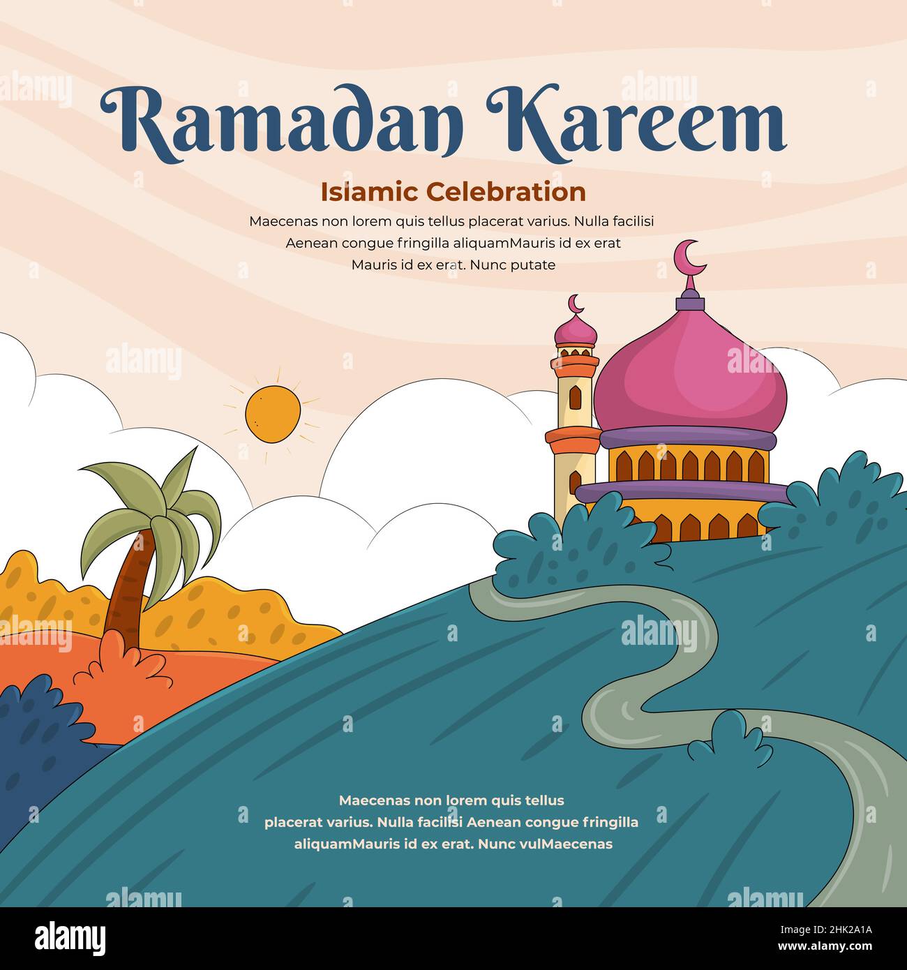 Eid al-fitr Grußkarte mit handgezeichneter flacher Zeichentrickfigur Stock Vektor