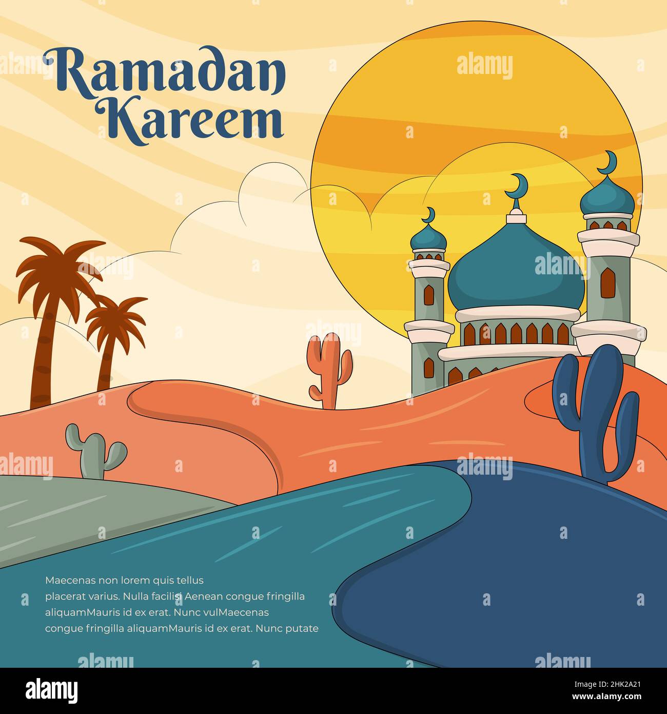 Eid mubarak Grußkarte mit handgezeichneter flacher Zeichentrickfigur Stock Vektor