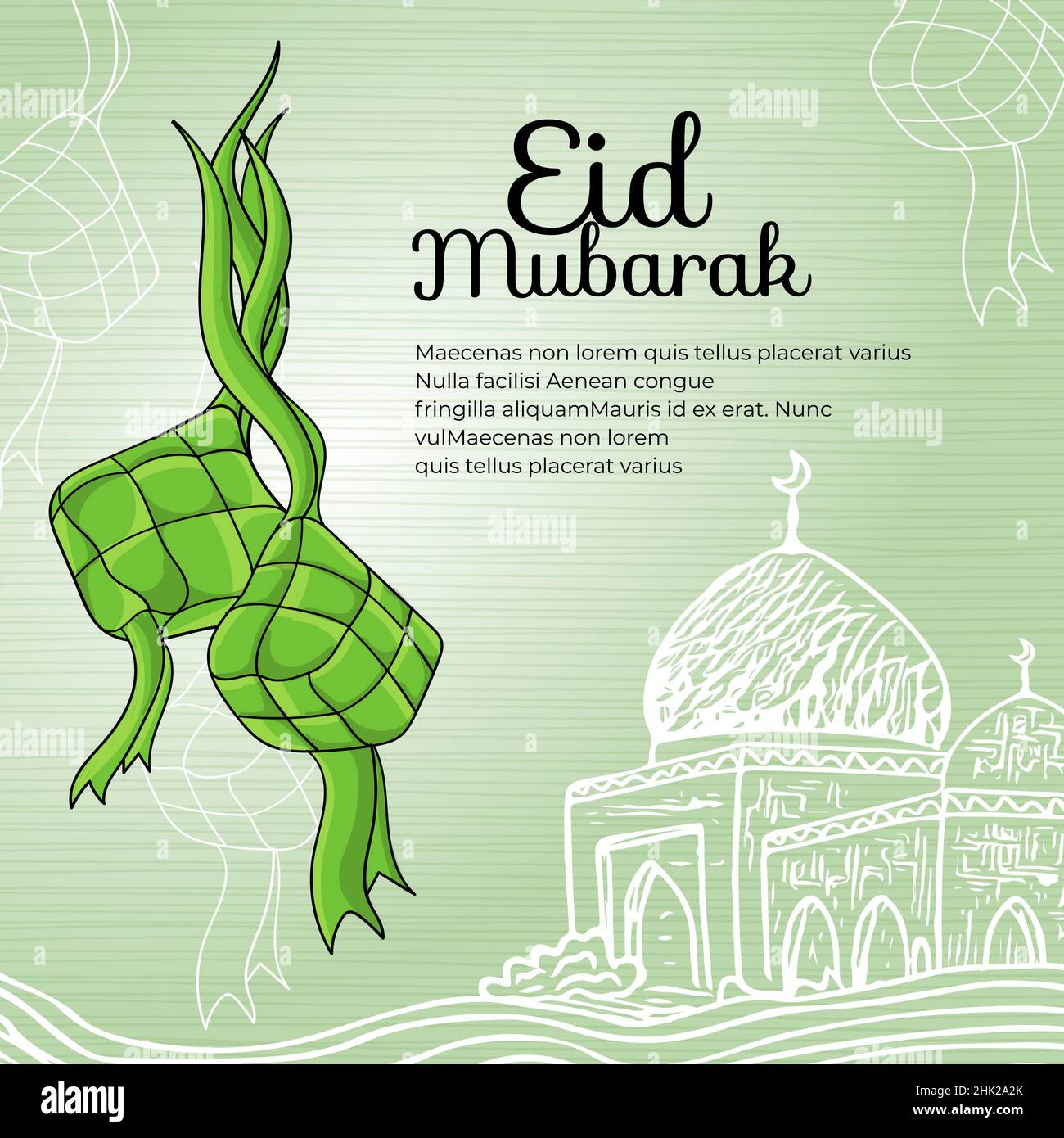 Ramadan-Grußkarte mit handgezeichneter Ketupat, darstellung traditioneller Speisen im ramadan Stock Vektor