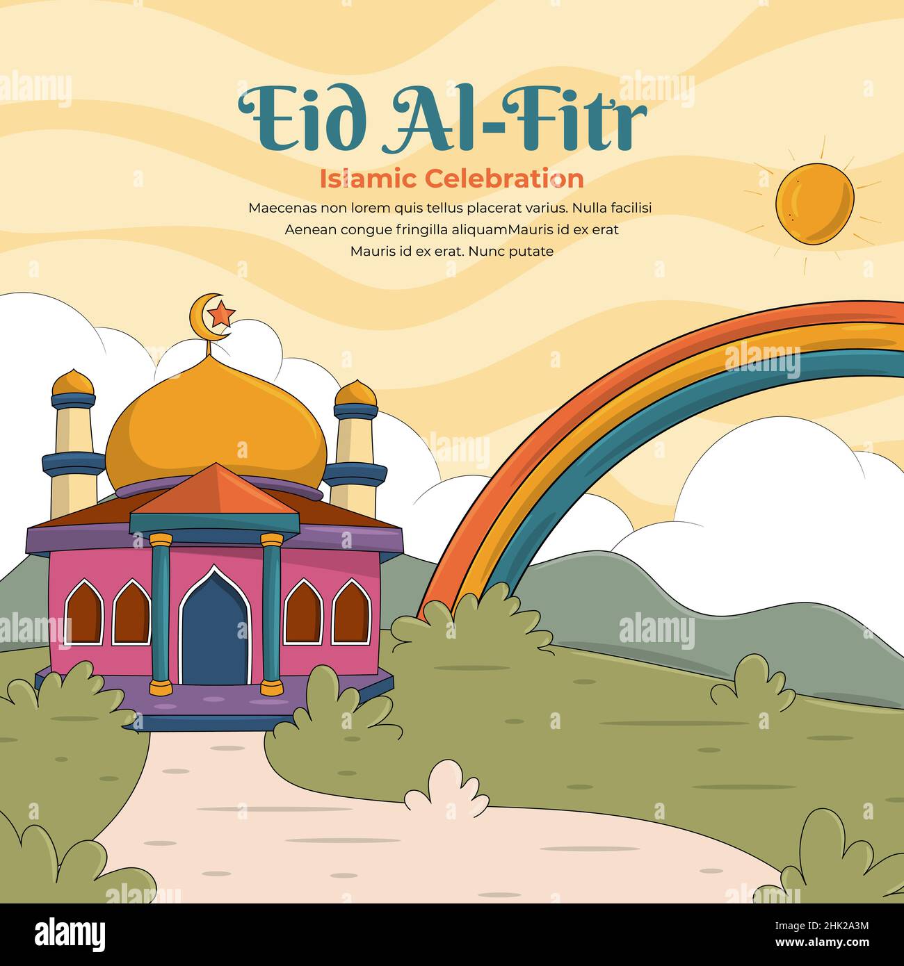 Handgezeichnete Ramadan Kareem-Grußkarte im Cartoon-Stil im Retro 70s Stock Vektor